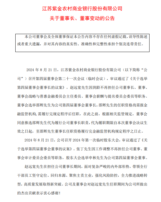 紫金銀行：趙遠(yuǎn)寬因到齡不再擔(dān)任公司董事長，選舉邵輝為董事長