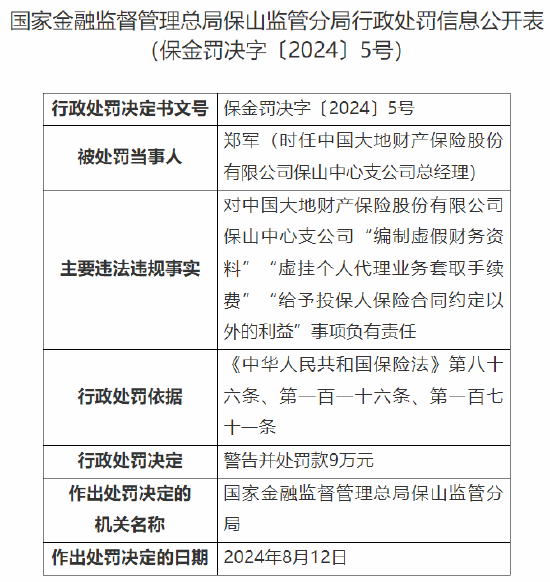 大地保險保山中心支公司被罰50萬元：因編制虛假財務(wù)資料等違法違規(guī)事實  第2張