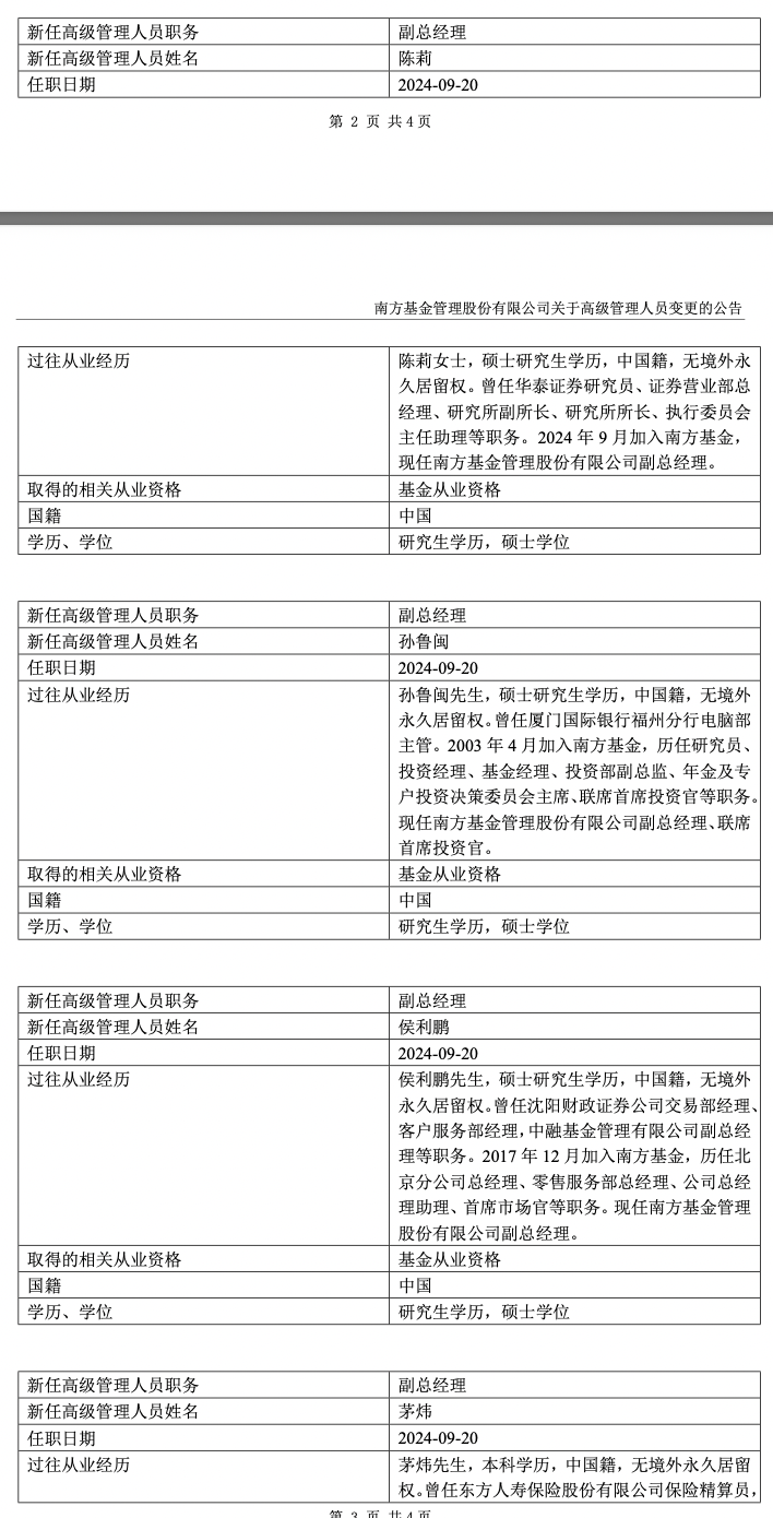 萬億公募南方基金高管團隊換屆：新聘任四位副總經(jīng)理，三人卸任