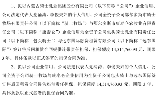 騎士乳業(yè)全資子公司包頭騎士與遠(yuǎn)東國際簽訂售后回租賃合同提供連帶責(zé)任擔(dān)保 擔(dān)保額度1451.48萬