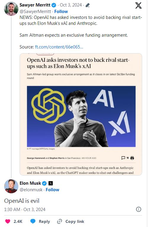 OpenAI要求投資者不要支持xAI等競(jìng)爭(zhēng)對(duì)手，馬斯克回應(yīng)：真邪惡！