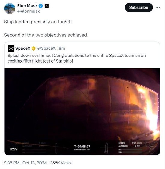 馬斯克回應(yīng)SpaceX第五次試飛成功  第1張