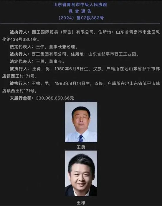 西王集團成“老賴”，法院最高懸賞990萬，征集其董事長王勇財產(chǎn)線索