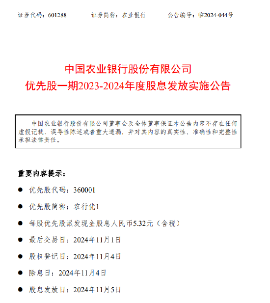 農(nóng)業(yè)銀行：每股農(nóng)行優(yōu)1將于11月5日派息5.32元  第1張